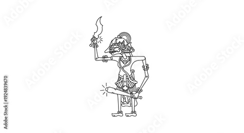 Javanese Wayang Kulit Puppet Warrior with Sword and Club, Traditional Indonesian Art