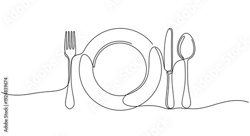 Minimalist single line drawing of a place setting with plate, fork, knife, and spoon.