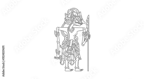 Javanese Wayang Kulit Puppet, Traditional Indonesian Shadow Puppet Character Outline