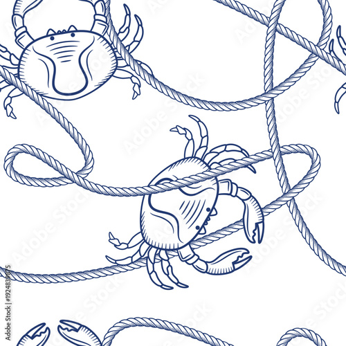 Nautical seamless pattern with looped node rope and crabs. Vector hand drawn sketch illustration. Marine background
