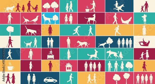 Collection of flat silhouette of people animals trees and in colorful blocks woman child family
