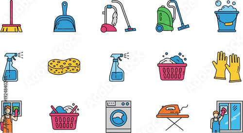 A comprehensive set of colorful flat design icons depicting various cleaning tools, household chores, and laundry activities.