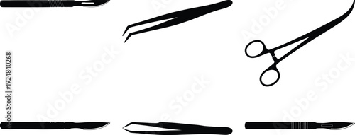 Assorted surgical and medical instruments displayed in a simple line drawing style