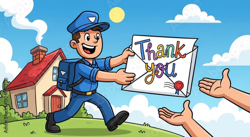 Cartoon mailman delivering thank you note to appreciative hands from house on sunny day with blue sky
