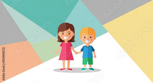 Two cartoon children standing together smiling and holding hands in a colorful geometric background symbolizing friendship and unity