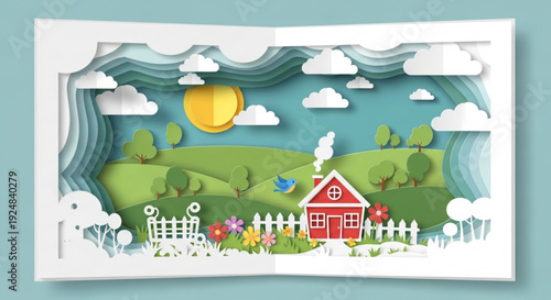 Whimsical red house with white picket fence in a sunny green landscape with fluffy clouds and vibrant flowers evoking a sense of serenity and peacefulness in a beautiful outdoor