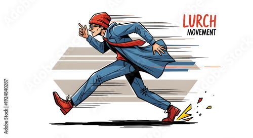 A man in a blue coat and red beanie running fast with a lurching forward motion in a comic style