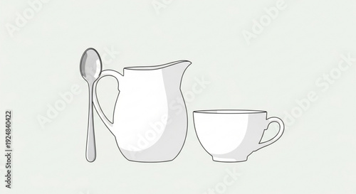 Tea time still life with a teapot cup and spoon on a plain background simple monochrome illustration