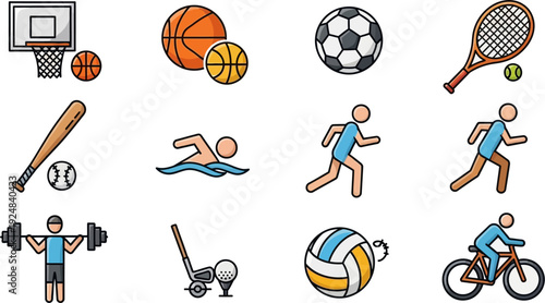 A diverse set of colorful sports and physical activity icons, including basketball, soccer, tennis, baseball, swimming, running, weightlifting, golf, volleyball, and cycling.