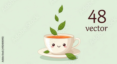 Cartoon tea cup with smiling face and leaves floating above on a pastel green background vector illustration for relaxation and wellness
