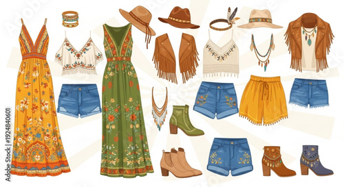Boho chic fashion illustration with vintage clothing and accessories on white background
