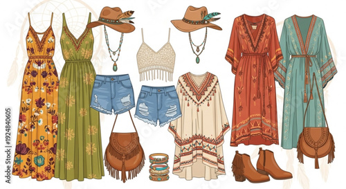 Boho chic fashion outfit collection with dresses tops shorts hats bags boots and accessories on white background