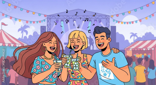 Friends enjoying drinks at a lively outdoor music festival with colorful tents and decorations
