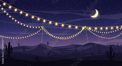 Desert night scene with string lights and crescent moon in starry sky above mountains