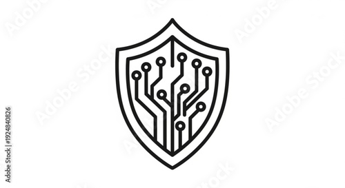 A black shield with a circuit board design inside, symbolizing technology and security