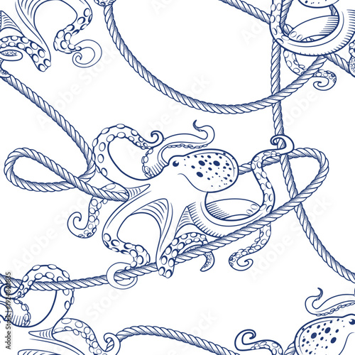 Nautical seamless pattern with looped node rope and octopus. Vector hand drawn sketch illustration. Marine background