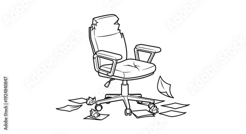 An office chair is broken and scattered with torn papers around it