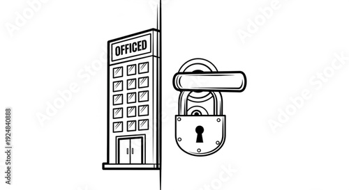 Simple line illustration of an office building alongside a large padlock symbolizing security and protection