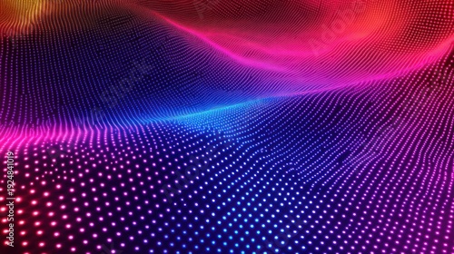 Vibrant abstract digital landscape with glowing neon dots in a dynamic wave pattern, transitioning from deep blue to electric pink and fiery red.