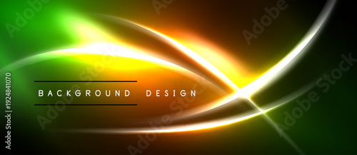 Bright neon lines create abstract design. Vivid gradients blend green, yellow, orange hues. Dark background emphasizes glowing elements.