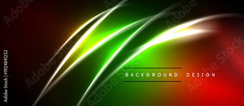 Abstract neon lines create vibrant gradient. Dark background emphasizes glowing curves, modern design element.