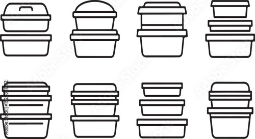 Assorted food containers and trays with various items neatly arranged in rows Vector
