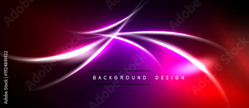 Abstract vibrant lines create dynamic energy. Purple, pink, red hues blend into dark background. Modern design element.