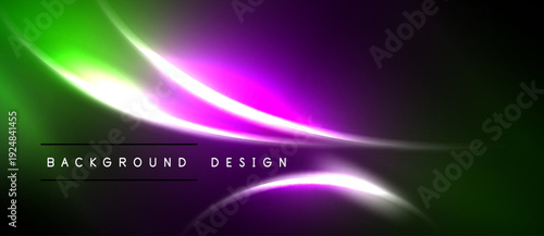 Abstract vibrant design features flowing neon lines. Green, purple hues blend into dark background. Modern aesthetic.