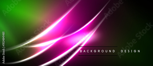 Abstract vibrant background. Green, pink, purple hues blend smoothly. Dynamic lines create modern visual effect. Dark areas contrast bright colors.