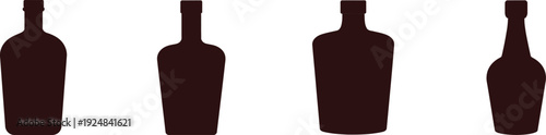 Four different liquor and glass bottle silhouettes isolated on white background for bar menu design and beverage icons.