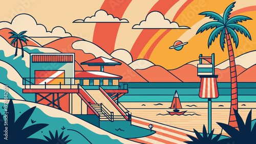 Stylized flat illustration of a serene beach scene with a lifeguard station, palm trees, mountains, and sailboats under a colorful sky.