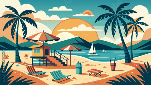 Vibrant retro-style illustration of a tropical beach paradise with palm trees, lifeguard tower, lounge chairs, and sailboats on the ocean.