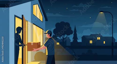 Contactless Ecommerce Package Delivery in Evening – Safe Shipping Concept Vector Illustration