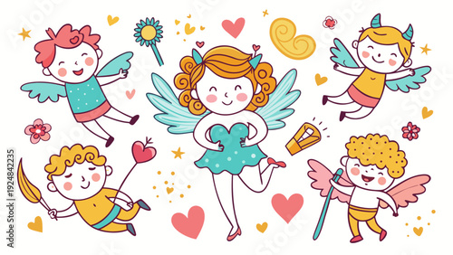 Charming Cupids with Wings and Hearts, Ready to Spread Love - Adorable Vector Illustration