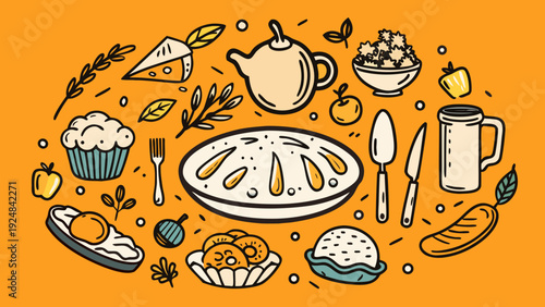 Hand-Drawn Food Illustration - Cozy Meal and Bakery Items on Orange Background