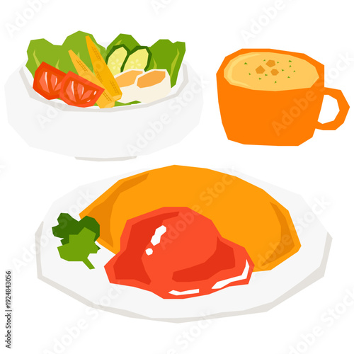 オムライスとサラダとコーンスープのベクターイラスト