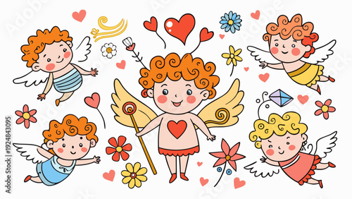 Charming Cartoon Cupids with Wings and Hearts, spreading love and joy in a whimsical illustration