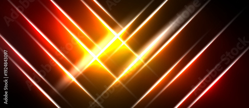 Bright neon lines converge toward center. Vivid orange, yellow hues dominate dark background. Abstract geometric design creates dynamic visual effect.