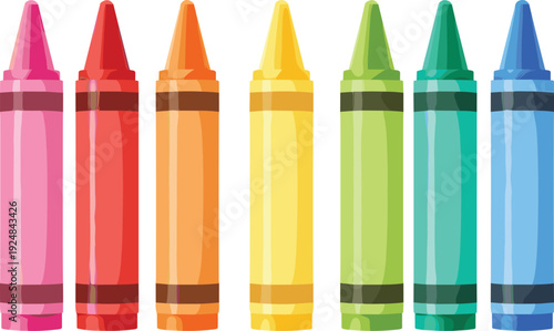 Row of colorful crayons in spectrum order, art supplies illustration, creativity concept, children education design, vibrant drawing tools - flavector