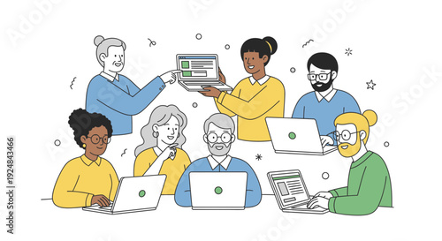 Diverse professionals collaborating digitally, working together on laptops to achieve shared goals in a modern online business environment, fostering teamwork and remote communication