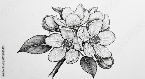 A sketch of apple blossoms blooming in clusters on a branch, drawn with bold black lines and detailed shading, exudes classic beauty in an elegant and serene monochrome setting.