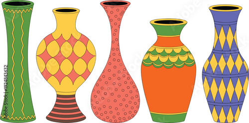 Bright playful vases vector pack featuring bold geometric dotted and wavy patterns in cartoon flat style