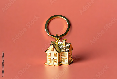 Wallpaper Mural Keychain house shaped with gold metal and ring attachment, home keyring accessory, house-shaped pendant with detailed architecture featuring jewelry, charm, property with real estate and symbol Torontodigital.ca