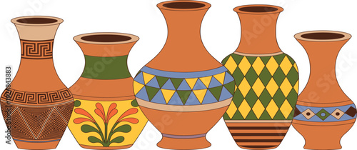 Ancient Greek pottery vector set with traditional amphora vases and black figure Hellenistic designs