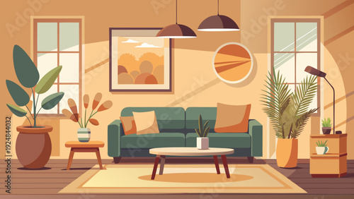 Inviting modern living room scene with green sofa, plants, and warm lighting, featuring abstract art for a stylish, comfortable home.