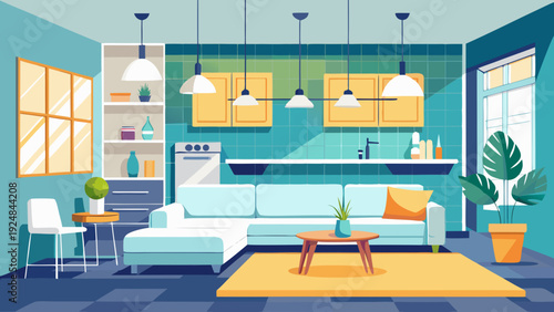 Spacious modern living room and kitchen with a light blue L-shaped sofa, yellow rug, and wooden cabinets, bathed in sunlight.