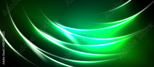 Abstract green light curves radiate from center. Smooth gradients create dynamic visual effect. Dark background emphasizes bright lines.