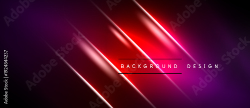 Abstract neon background. Diagonal lines create dynamic visual effect. Red, purple hues dominate composition. Modern design element.