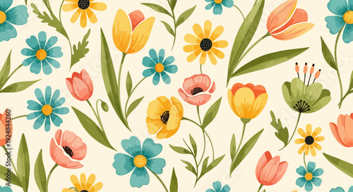 Nostalgic wildflowers blossoming across creamy space