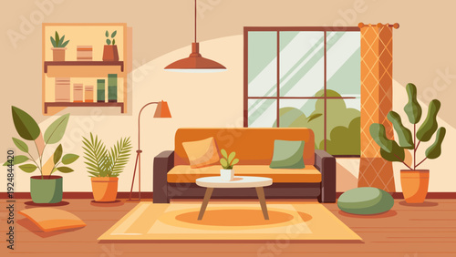 Cozy living room interior with a sofa, coffee table, plants, and a large window, rendered in a warm, flat illustration style.